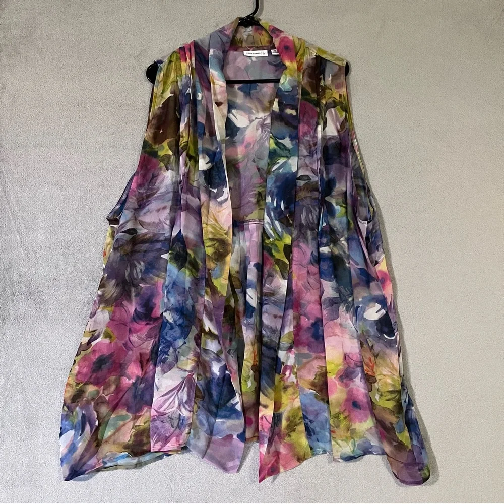 Susan Graver 2X Sleeveless Open Front Cardigan Vest Sheer Chiffon Floral - Picture 1 of 9